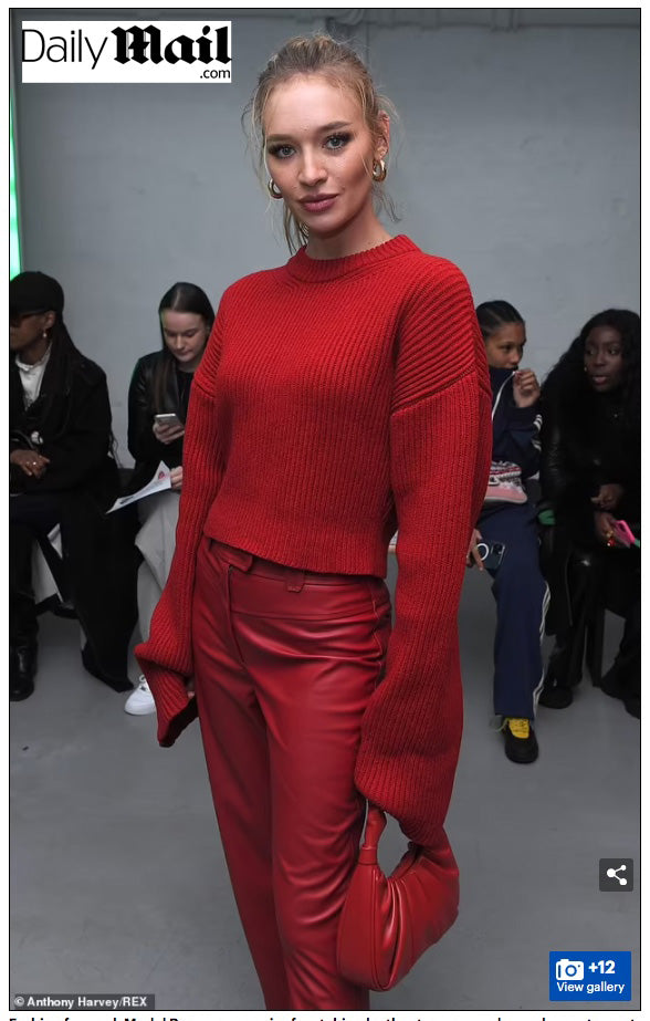 Roxy Horner cuts a chic figure in a cropped red jumper and matching leather trousers while Nicola Roberts dons a funky lavender coat at Mark Fast's London Fashion Week show