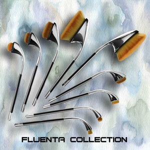 several Fluenta Collection brushes arranged in a spray design on a watercolour pastel paper surface. Clicking on this image will take you to the Fluenta Collection product listings page