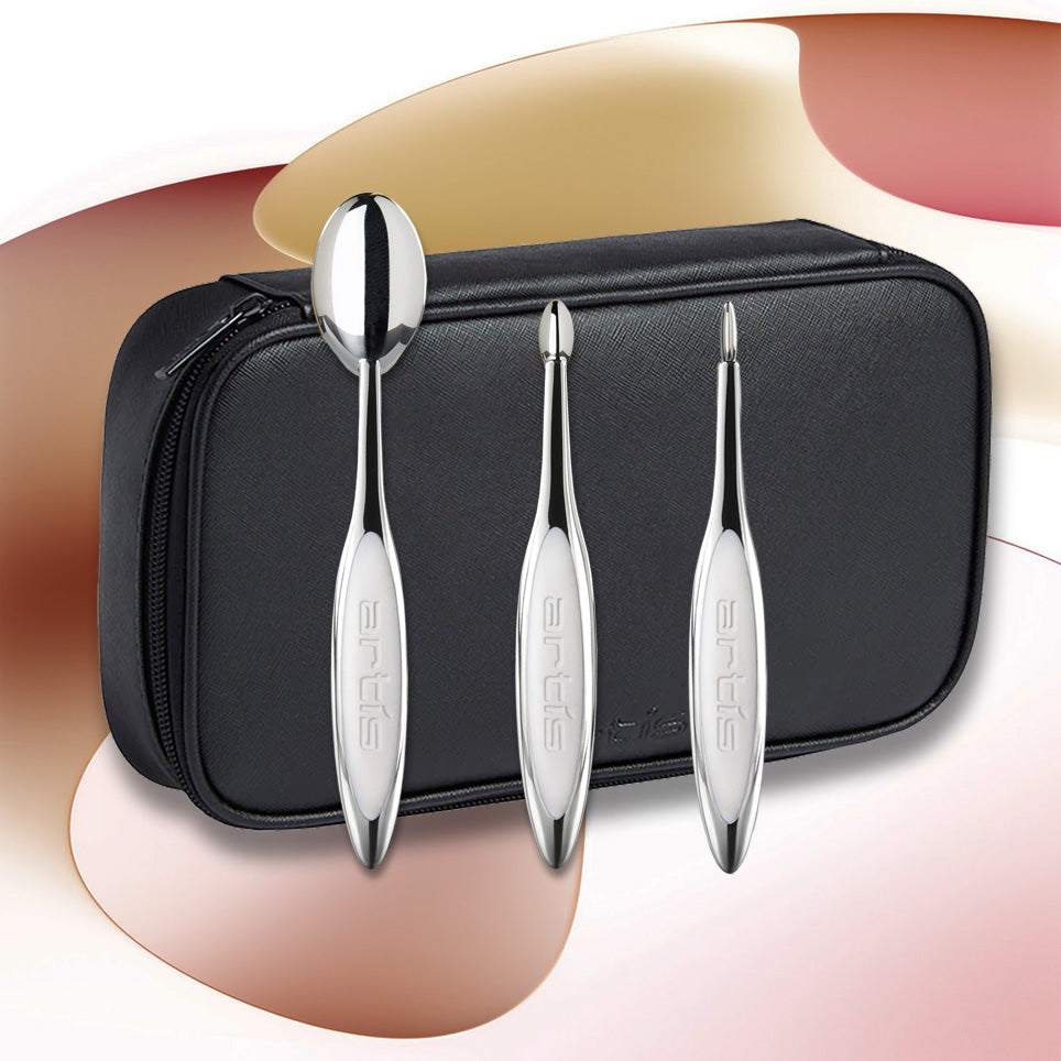 artis brush bundle consisting of elite oval 7, oval 3, linear 2 and travel case large in black